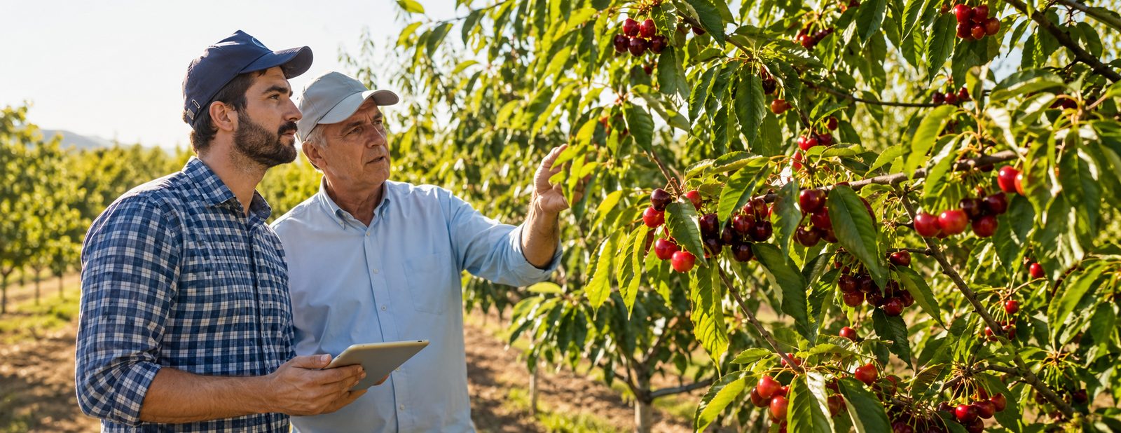 Agrónomos inspeccionando cerezos con fruta en un huerto